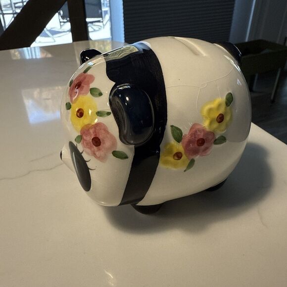 Adorable PANDA BEAR Ceramic PIGGY-BANK With Pink And Yellow Flower White/Black - Picture 2 of 8